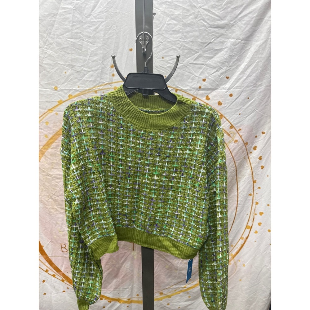 Women's Green Purple Stitching Drop Sleeve‎ Cropped Sweater -Cupshe Size S